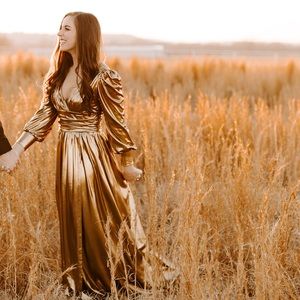 small metallic gold SHEIN maxi wrap dress with slit